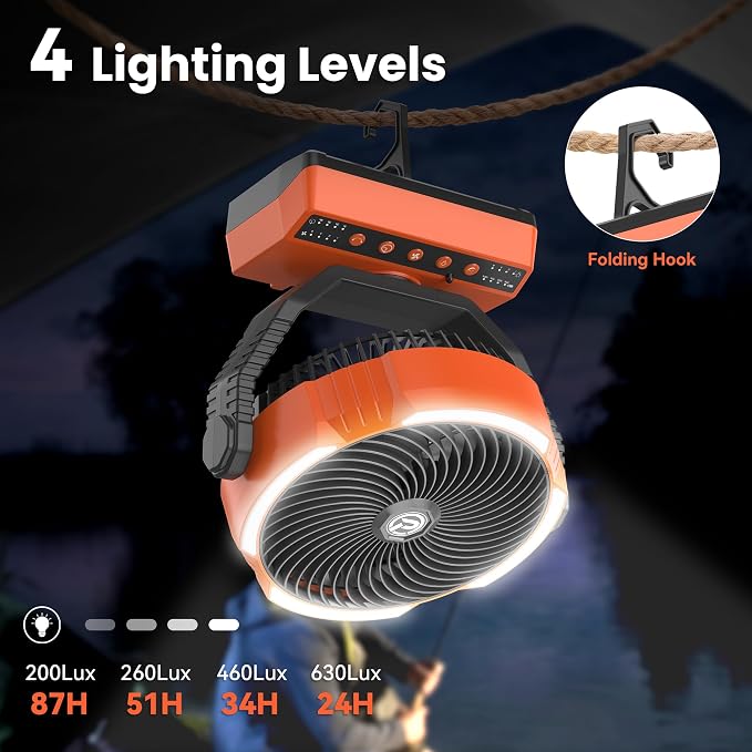 Camping Fan with Light - 20000mAh Rechargeable Battery Fan, 110Hrs Run Time, 4 Speeds, 8H Timers, 110° Auto Oscillation & 270° Pivot Tent Fan with Hook for Camping Power Outage, Hurricane(no adapter)