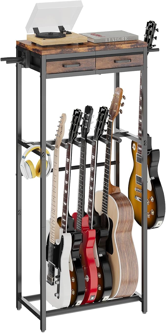 ELYKEN Guitar Stand, Guitar Rack with 2 Hangers and Storage Drawers for Guitar Accessories, Multiple Guitar Holder for Acoustic Electric Guitar, Bass, Instrument, Music Studio, Rustic Brown