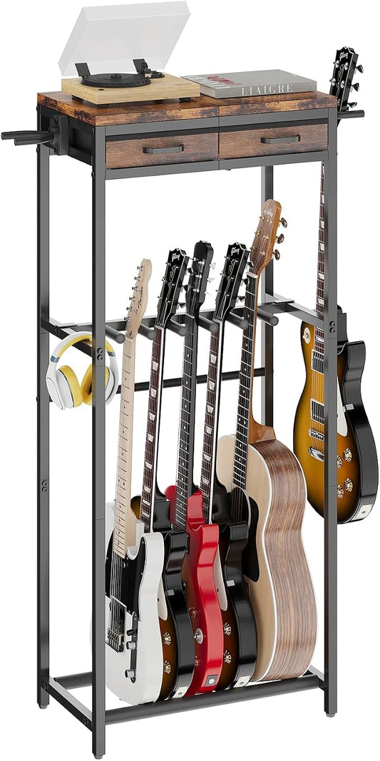 ELYKEN Guitar Stand, Guitar Rack with 2 Hangers and Storage Drawers for Guitar Accessories, Multiple Guitar Holder for Acoustic Electric Guitar, Bass, Instrument, Music Studio, Rustic Brown
