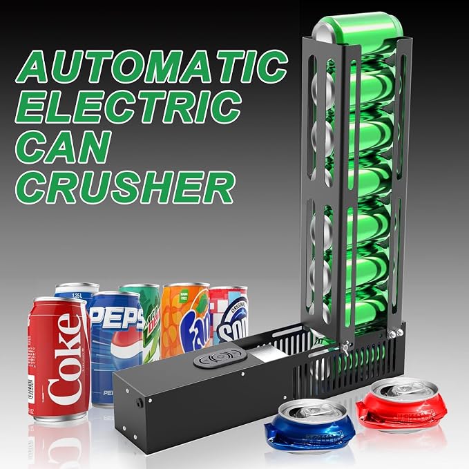 Electric Can Crusher: 8oz/12oz/16oz Automatic Crusher, Loads 8 Cans for Sequential Crushing with Auto-Eject, Heavy Duty for Recycling Soda, Beer & Plastic Bottles
