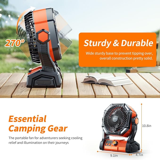 Doublepow 20000mAh Camping Fan with LED Light, Rechargeable Portable Table Fan, Upgrade Knob Adjustment 8 Speed with Remoter, Hook, Timer, Tent Fans for Fishing, Hurricane, Power Outage Essentials