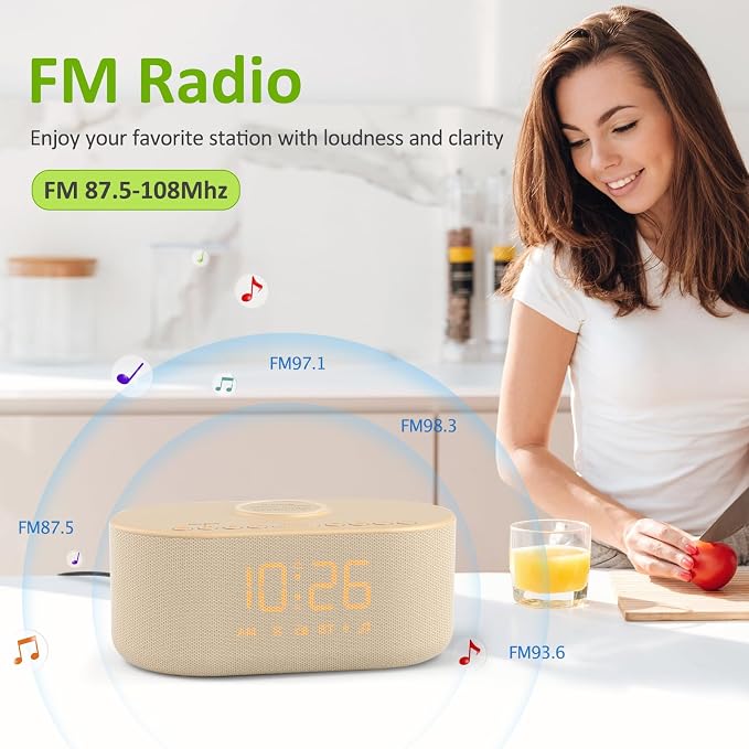 DreamSky Bedroom Radio Alarm Clock with Wireless Charger for Samsung iPhone | Bluetooth Speaker, Loud Alarm for Heavy Sleepers, FM Radio with Sleep Timer, 0-100% Dimmer, 9 Alarm Sounds & 16 Volumes, USB