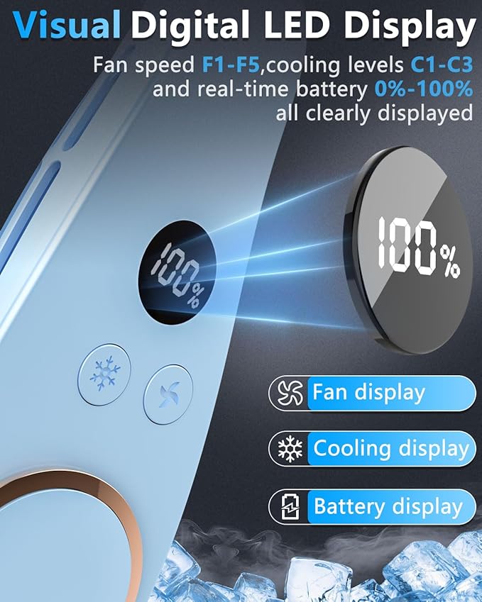 Neck Fan with Cooling Plate-24H Quiet Powerful Fans that Blow 5 Speed&Power LED Display-USB 5500mAh Bladeless Wearable Personal AC Cooler for Light Blue