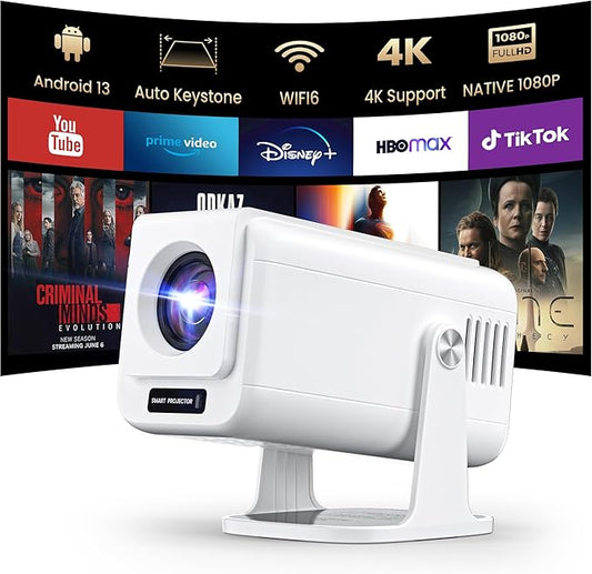 [Built-in Apps ] Mini 4K Projector with Wifi and Bluetooth, Native 1080P Smart Portable Movie Projector with 270°Rotatable Stand, Android 13 OS, Auto Keystone, Support Big Screen for Home Bedroom