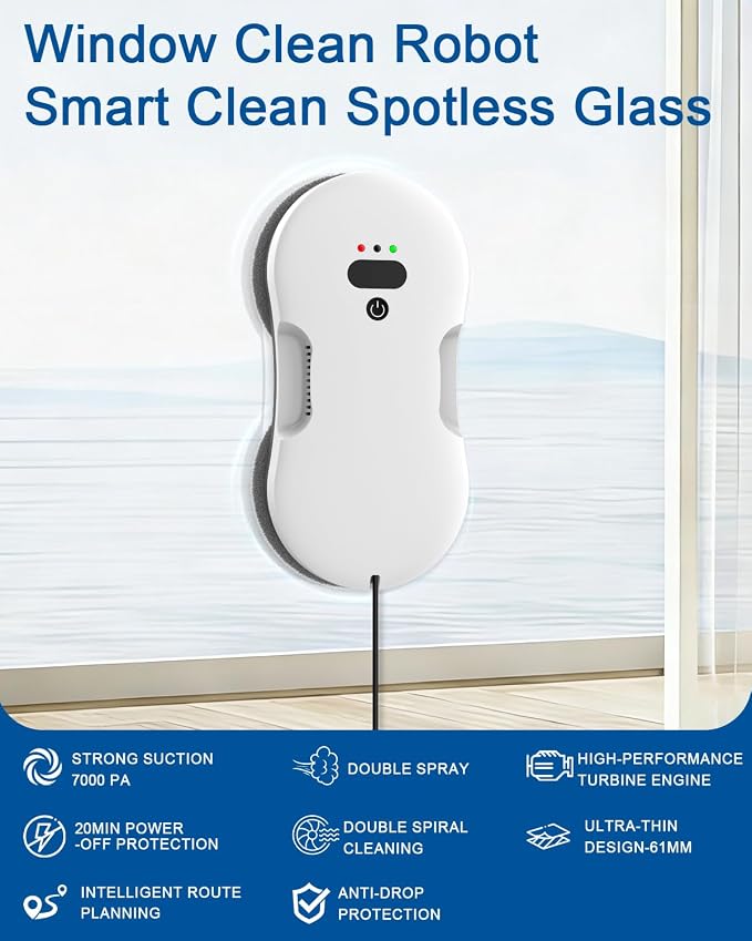 Window Cleaning Robot, Automatic Window Cleaner Robot with Dual Spray, Edge Detection, Intelligent Path Planning, 3000pa Strong Suction, Anti-Drop Protection for Glass