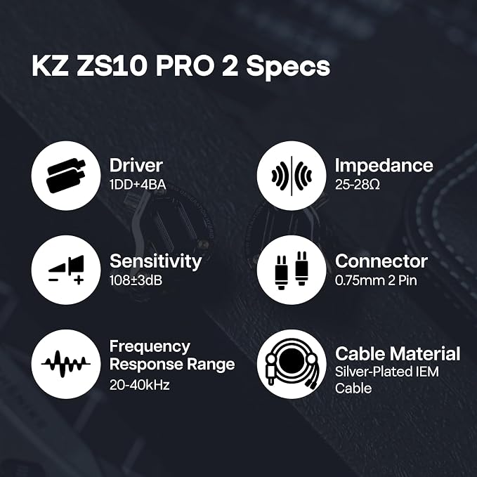 Linsoul KZ ZS10 PRO 2 in Ear Monitor IEM, 1DD+4BA Hybrid Wired Earbuds, with 4-Level Tuning Switch, 3-Way Crossover Gaming Earbuds, Silver-Plated IEM Cable for Musician Audiophile (Black, with Mic)