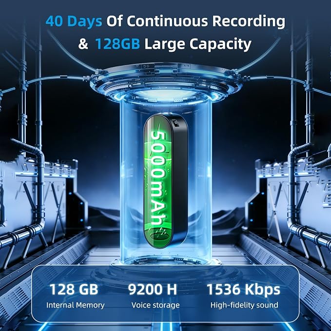 128G Magnetic Voice Activated Recorder,40 Days Continuous Recording Device,5000mAh Audio Recorder with AI-Intelligent Triple Noise Reduction,Voice Recorder with Playback for Work Lectures Meeting