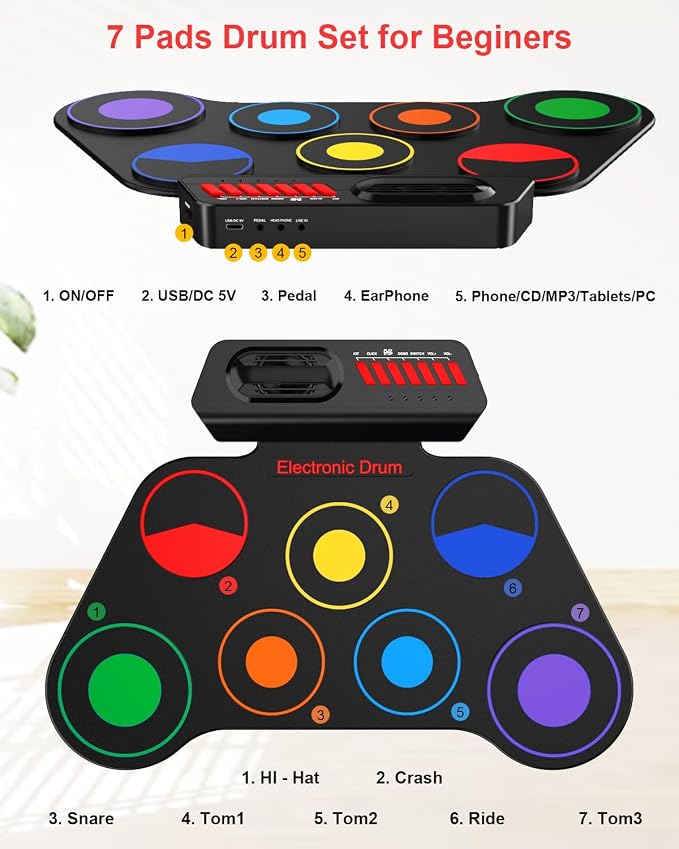 AiJoy Portable Electronic Drum Set Pads for Kids | Roll Up with 7 Pads, Built-in Speaker, Rechargeable Roll-Up, Headphone Mode & Demo Songs, Gift For Beginners & Children