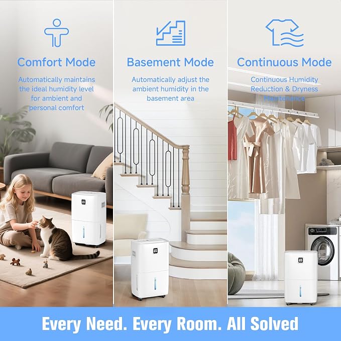 80 Pint Dehumidifier - Up to 5,000 Sq Ft, for Basement, Bedroom, Bathroom, Living Room, Home, Garage | 3 Fan Speeds, Smart Humidity Control, Auto Drain, Easy Move Wheels