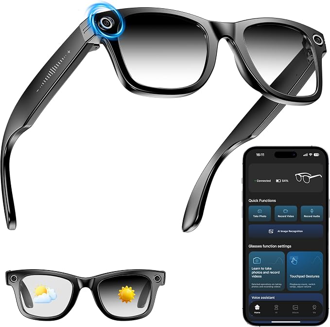 AI Smart Camera Glasses for Men Women, 4K Photography,1080P HD Video Recording,Real-Time Translation, Open-Ear Audio,Voice Assistant, Lightweight (Black Frame-Photochromic Lens)