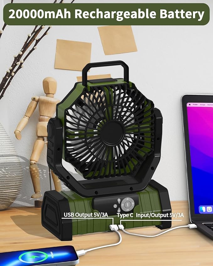 ADUST Camping Battery Powered Fan with LED Light 20000mAh Rechargeable Portable, Oscillating Cordless USB Desk Fan with Rotation Hanging Hook for Tent, Canopy, Beach, Outdoor Travel(Green)