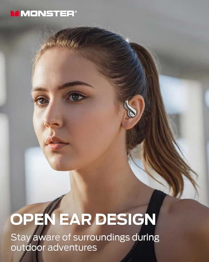 Monster Open Ear AC390 Headphones, Bluetooth 6.0 Ear Buds with Stereo Sound, IPX5 Waterproof, Wireless Headphones 24H Playtime, Rotating Charging Case with Lanyard, Ultra-Light Open Ear Earbuds