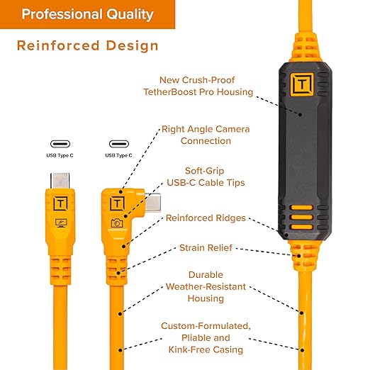 TetherPro Optima 10Gbps Gen 2 USB-C, 31' (9.4m), Straight to Right, High-Visibility Orange