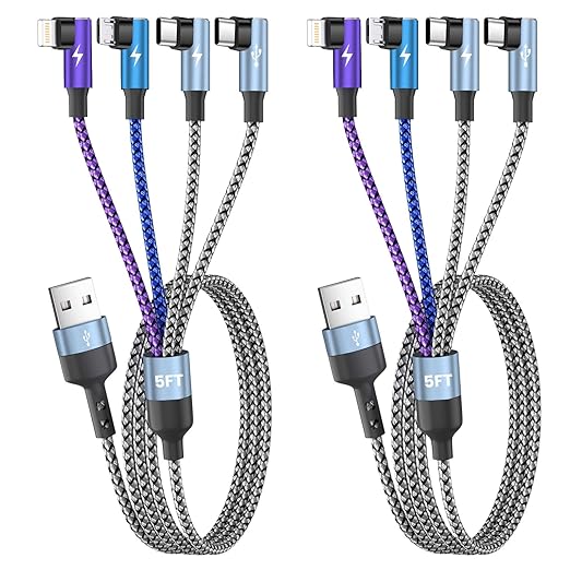 USB Multi Charging Cable 90 Degree BraidedCharging Cord 5FT 2Pack, 4 in 1 Car Charging Cable, Charging Cables for Multiple Devices Phone Charger Cord with Dual Type-C, Micro USB, IP Port for iPhone17