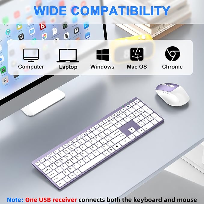 Wireless Keyboard and Mouse Combo, Full Size Silent Ultra Thin Keyboard with Magnetic Wrist Rest, Optical Mouse, 2.4G Lag-Free Cordless Mice Keyboard Set for Computer, Mac, Laptop, PC, Windows