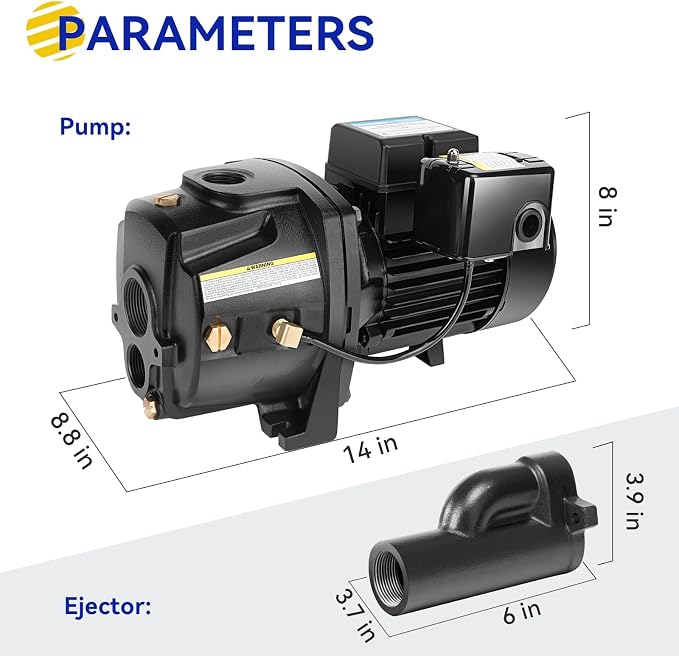 Acquaer Shallow/Deep Well Jet Pump, Cast Iron Convertible Pump with Ejector Kit, Well Depth Up to 25ft or 90ft, 115V/230V Dual Voltage, Automatic Pressure Switch