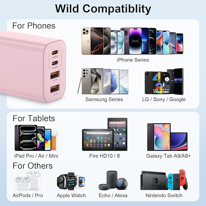 40W USB C Charger Block, iPhone 17 16 15 Charger Fast Charging,2-Pack 4-Port Fast Charging Block with 10FT Type C Cable Multiport Power Block for iPhone Air/iPhone17/16/15 Pro Max/iPad/Samsung(Pink)