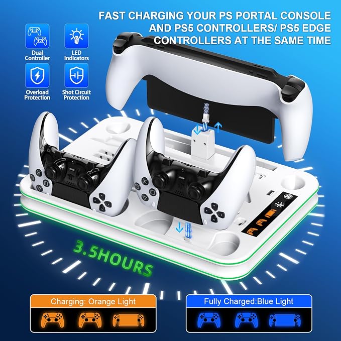 FYOUNG All in One Cooling Stand & Charger Station for PS5/Slim/Pro Console and Controller Charing Dock, Charging Stand for PlayStation Portal, Headset and Remote Holder with RGB Light Stand (White)