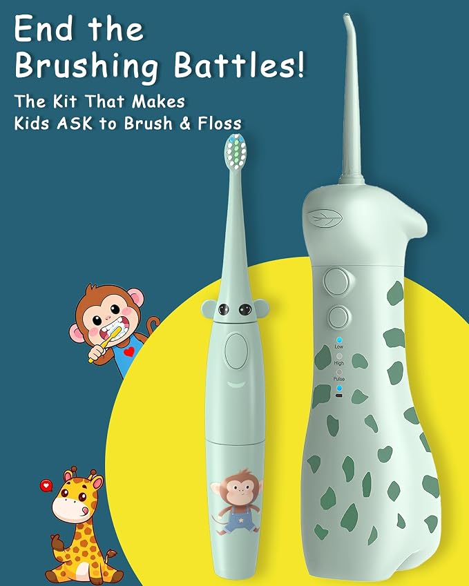 Kids Water Flosser & Electric Toothbrush Combo for Ages 6-12,Children Oral Irrigator with 3 Gentle Modes & 2 Sonic Modes,Braces-Friendly Dental Kit for Boys & Girls (Giraffe & Monkey Design)