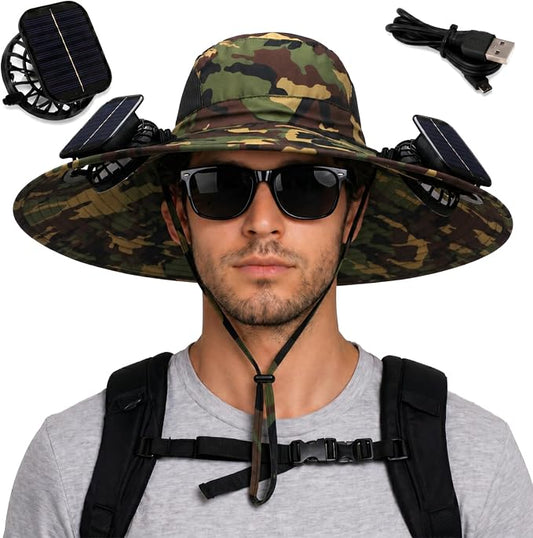 Berlune Sun Hat with 2 Solar Fan Wide Brim Fishing Bucket Hat USB & Solar for Men Women UPF 50+ Cooling for Fishing Beach