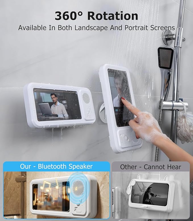 Shower Phone Holder with Bluetooth Speaker,IPX5 Waterproof,Touch-Friendly Screen Access，No-Drilling Adhesive Wall Mount,360° Rotation Bathroom Phone Holder for Shower Bathtub Kitchen Pool(White)