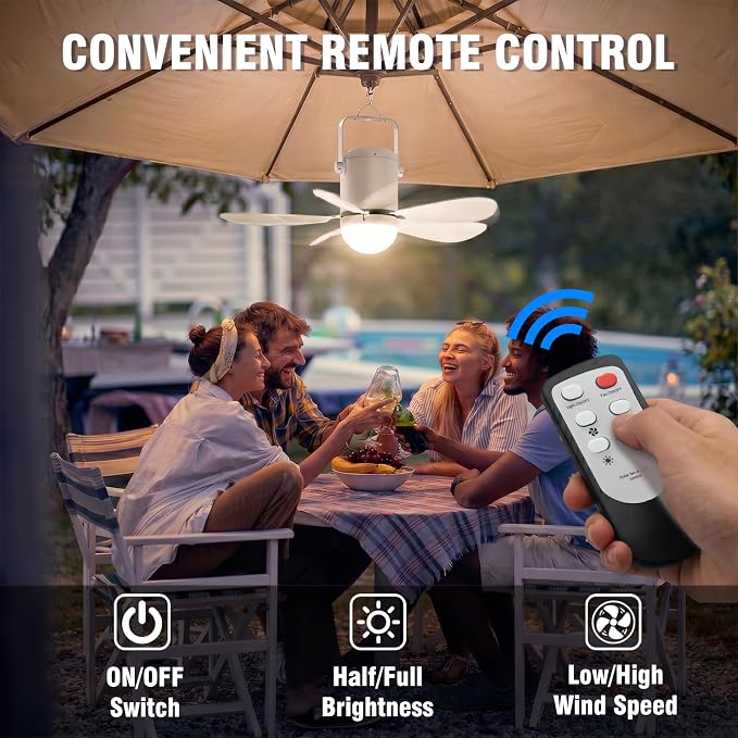 21” Solar Ceiling Fan Light, Solar Outdoor Ceiling Fan Light with Remote and Hook, Portable Wireless Rechargeable Outdoor Hanging Fans for Camping RVs Patio Canopy Chicken Coop Outside