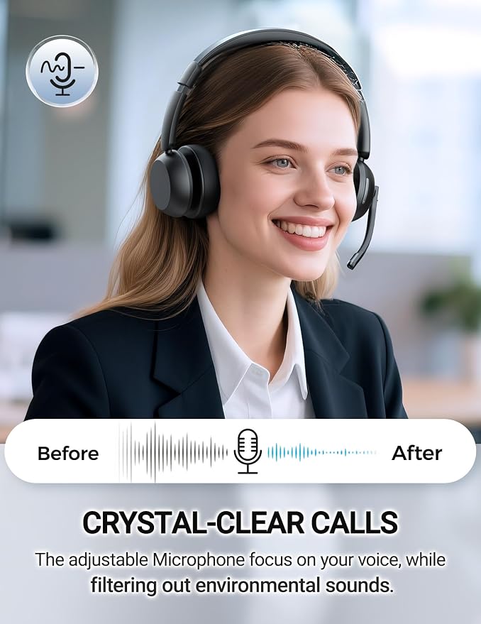 COSMUSIS Wireless Headset with Mic for Work, Bluetooth 5.3 Headsets with Microphone and Detachable Earpads, 50H Playtime with Charging Base, Noise Cancelling Headphones for Work with Mic Mute