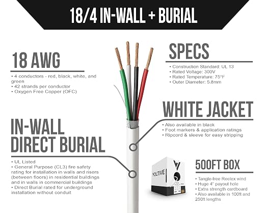 Voltive 18/4 Low Voltage Wire, in-Wall CL3 & Direct Burial, White, 500ft - 18AWG, 4 Conductors, Stranded Bare Copper, UL Listed - V-1213-2