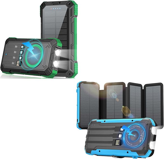 Solar Power Bank 49800mAh 22.5W QC3.0 Fast Charging Built in 4 Cables andNymzixt Solar Power Bank 20000mAh Portable Charger Built-in 3 Cables and Wireless Charging