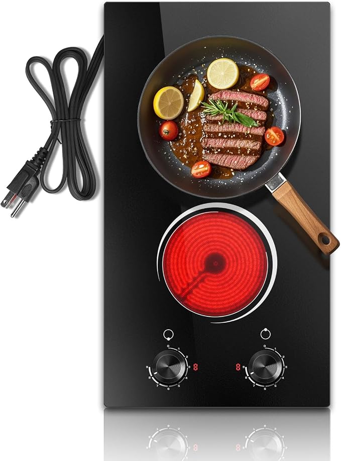 2 Burner Electric Cooktop 110V, 12 Inch Electric Cook Top Plug in, 2000W Electrics Stove with Knob Control, Countertop & Built-in Ceramic Stovetop, 9 Heating Level, Residual Heat Indicator
