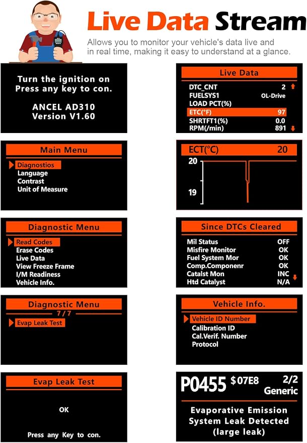 ANCEL HD601 with ANCEL AD310 Code Reader Full System Heavy Duty Truck Scanner