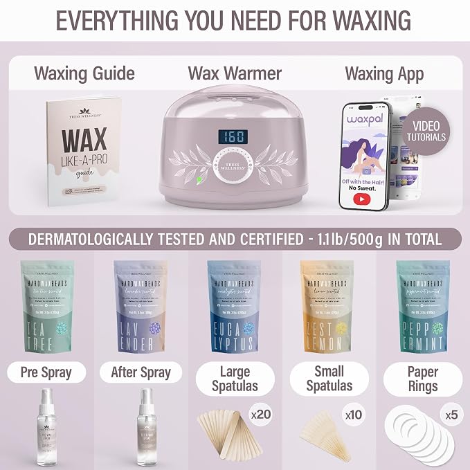 Tress Wellness Award Winning Waxing Kit for Sensitive Skin – Safe for Face & Skin, Easy to Use – At-Home Kit for Face, Bikini, Brazilian & Full Body - Digital Display, Dusty Lilac