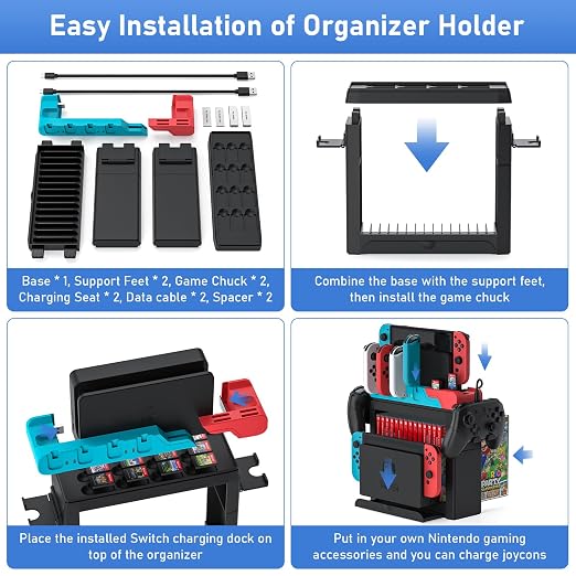 Switch Game Storage with Controller Charger for Nintendo Switch & OLED Model, Switch Charging Dock Charges 6 Joycons, Switch Gaming Accessories Holder Desk, Switch Game Gift Card Organizer (Red＆Blue)