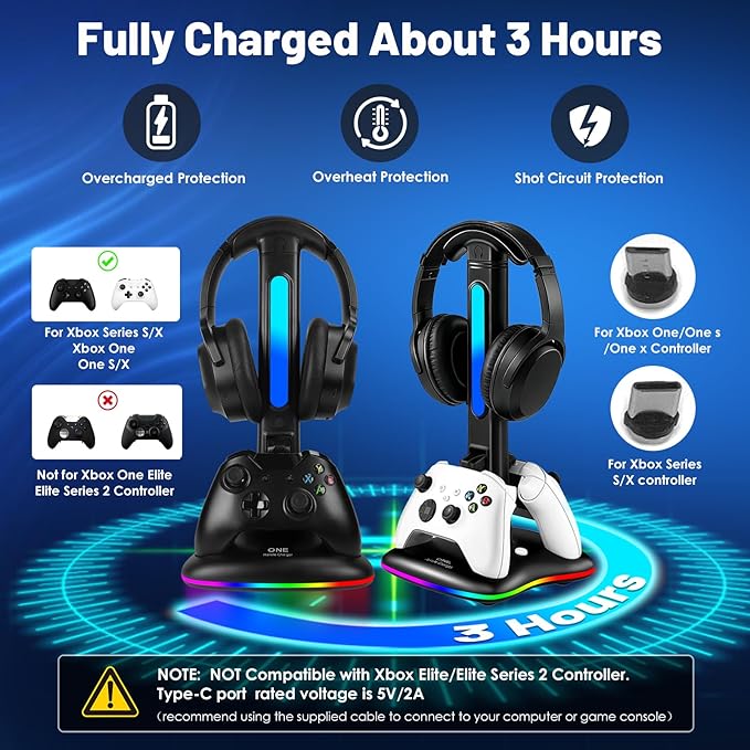 Controller Charger with RGB Headphone Stand & 2X6660mWh Battery Packs for Xbox Series X/S/One/One S/X, XSX Controller Charger Station, Headset and Controllers Stand Holder