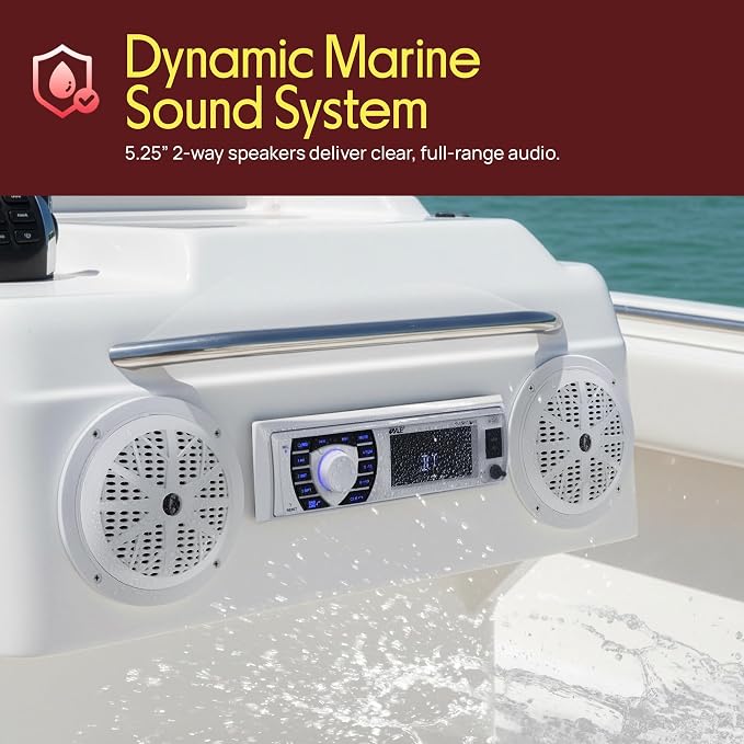 Pyle Marine Receiver & Speaker Kit - In-Dash LCD Digital Stereo Built-in Bluetooth & Microphone w/ AM FM Radio System 5.25’’ Waterproof Speakers (2) MP3/USB/SD Readers & Remote Control - PLMRKT36WT