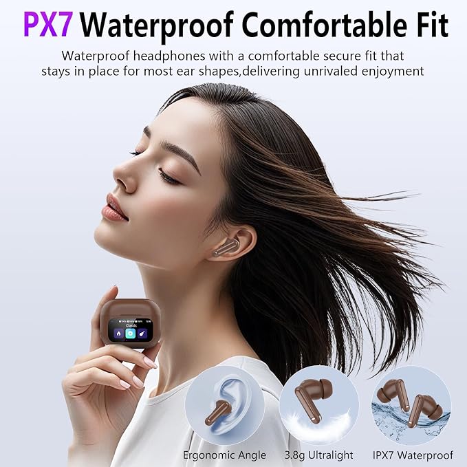 Thunelec Wireless Earbuds with Touch Screen, 2026 New Bluetooth 5.4 Headphones with ANC/ENC Mic, 50H HiFi Stereo Ear Buds with 5 EQ Modes, Transparency Mode, IPX7 Earphones for Running, Brown