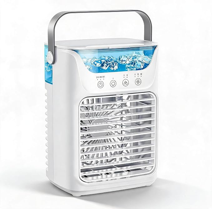 Portable Air Conditioner 4-in-1, Air Cooler with Humidifier, Desktop Cooling Fan, 700ML, 2 Cold Fog, 3 Automatic Timing, 7 Color Night Light