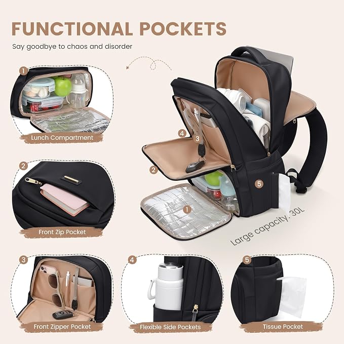 GOLF SUPAGS Lunch Backpack 16 Inch Laptop Backpack with Insulated Cooler Lunch Box Food Bag for College Work Camping Picnics (Black)