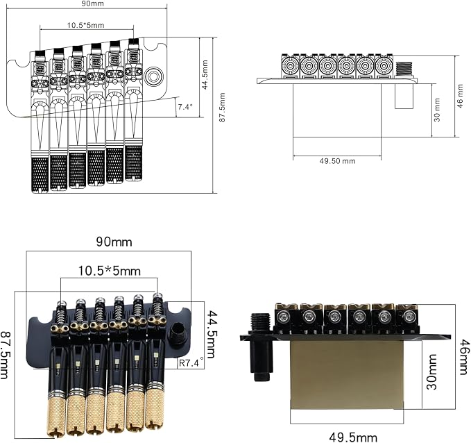 10.5mm Headless Electric Guitar Bridge Black Brass Block Saddle Hardened Steel Plate 2 point tremolo bridge for Fanned-fret 6 String Headless Electric Guitar Replacement parts