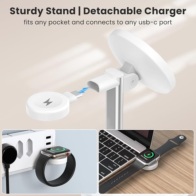 3 in 1 Wireless Charging Station,Detachable Apple Watch Charger & 15W Charger Stand for MagSafe for iPhone, Wireless Charger for Multiple Devices iPhone 16/15/14/13&Watch&AirPods（Purple）