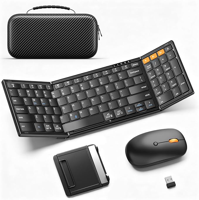 MoKo Foldable Keyboard and Mouse Combo, 2.4G+BT5.0 x 2, Full-Size Portable Folding Bluetooth Keyboard Set for Business Travel, USB-C Rechargeable Wireless Mouse with Bag for Laptop iPad Tablet