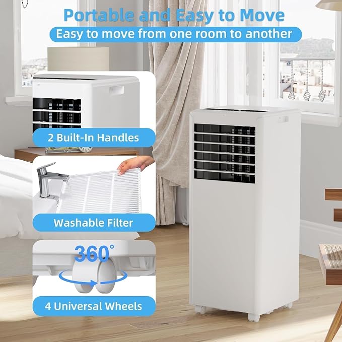 8000 BTU Portable Air Conditioner – 3-in-1 AC Unit with Cooling, Dehumidifier & Fan, Quiet Operation, 24H Timer, Remote Control & Window Kit – Covers Rooms Up to 350 Sq ft – White