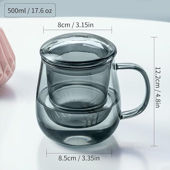 DOPUDO Glass Tea Cup with Infuser and Lid, 17.6oz/520ml Large Borosilicate Teacup & Coffee Mug Warmer with Auto Shut Off, 3 Temperature Settings