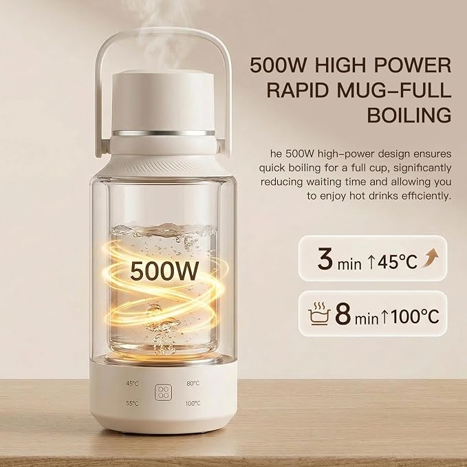 MEGAWISE Portable Electric Heating Cup 1L, Travel Water Boiler with 4 Temperature Settings, 304 Stainless Steel Interior, 8H Keep Warm, Compact Electric Kettle for Office, Dorm & Travel