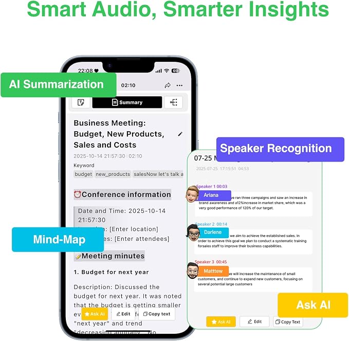 Note Pro AI Voice Recorder with Live Transcription Display | AI Transcribe & Summarize, APP Control, Supports 250 Languages, Note Taker for Meetings & Calls, Case Included