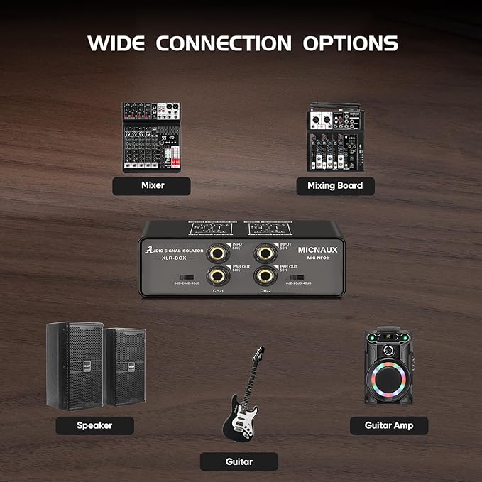 Dual-Channel Audio Signal Isolator with Ground Lift Switch, 3-Level Gain Attenuation (0/-20/-40dB), 600Ω High-Impedance Noise Filter Hum Eliminator for Home Audio, Studio & Live Sound Systems