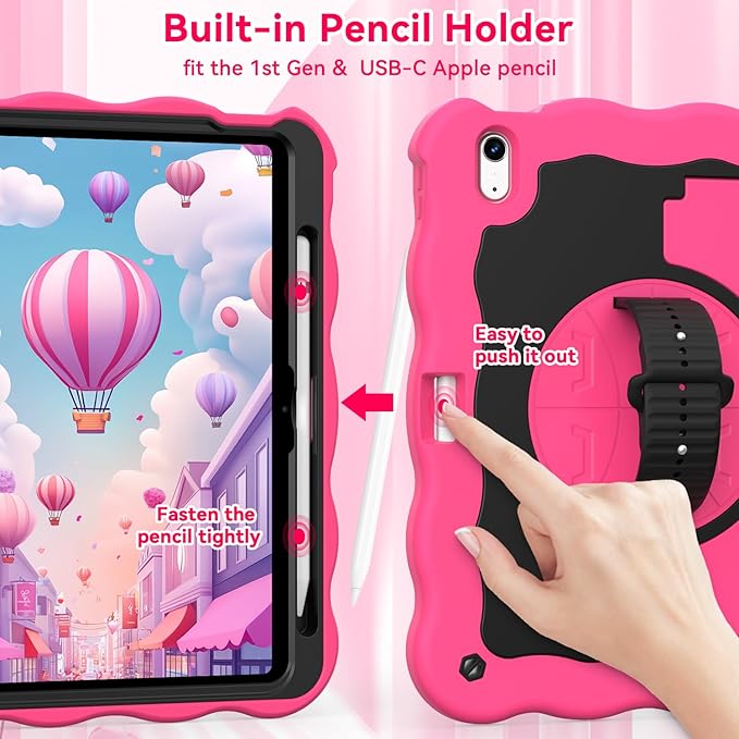 ZoneFoker for iPad A16 11th Generation 2025 / 10th Gen Case 2022, for 11 Inch / 10.9 Inch iPad Case Heavy Duty Cover Shockproof with Pencil Holder [360° Rotate Strap] & Stand, Hot Pink