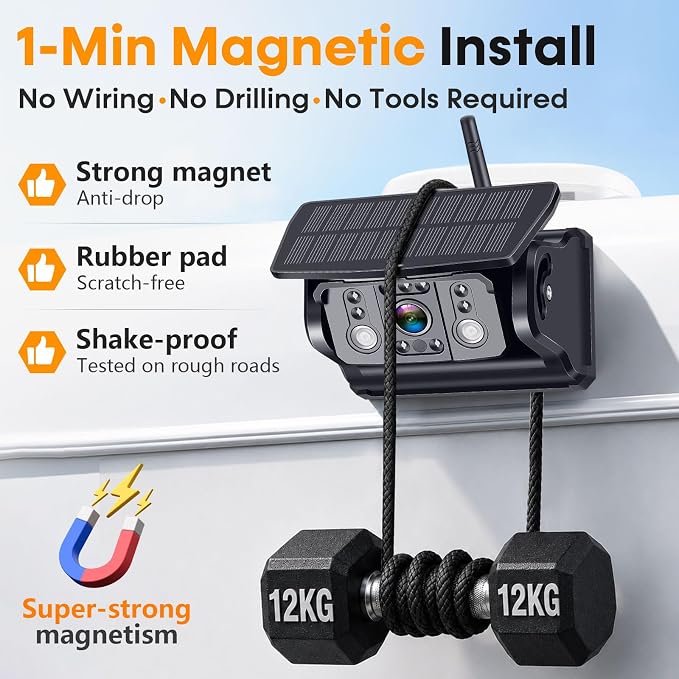 HD 1080P Magnetic Wireless Backup Camera: 1-Min Easy Install No Wiring 25H Long Battery Life for Long Travel - 7" Recording Monitor Dual Solar Backup Cameras for RV Trailer Camper Truck
