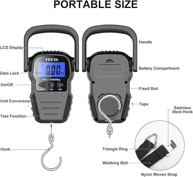 HEETA Fish Scale Up to 110lb/50kg, 2 AAA Batteries Included (Black) Bundled with Waterproof Dry Bags Backpack (Black 40L)