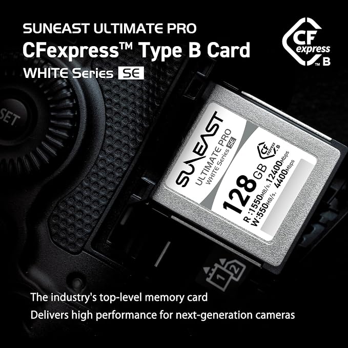 SUNEAST Ultimate PRO White CFexpress Type B, 128GB Memory Card, Up to 1550MB/s Read, 550MB/s Write, TLC 8K Video Card for Professional Cameras, High-Speed CFexpress B, XQD-Compatible, Series SE